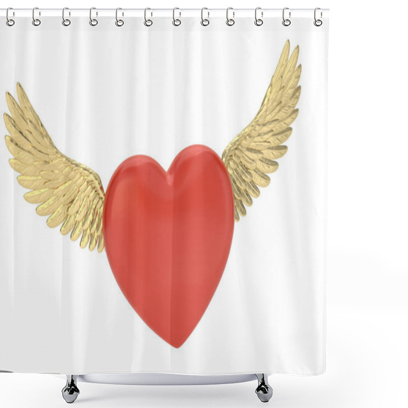 Personality  Golden Wings With Red Heart Isolated On White Background. 3D Rendering. 3D Illustration. Shower Curtains