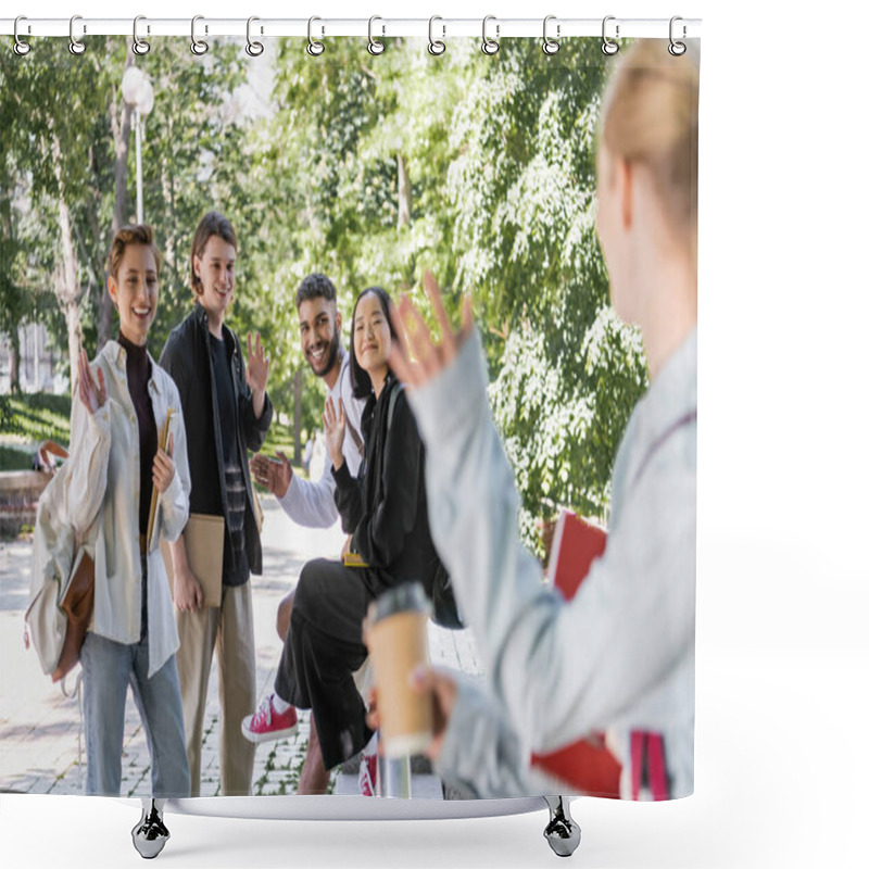 Personality  Smiling Multiethnic Students Waving Hands At Blurred Friend In Park  Shower Curtains