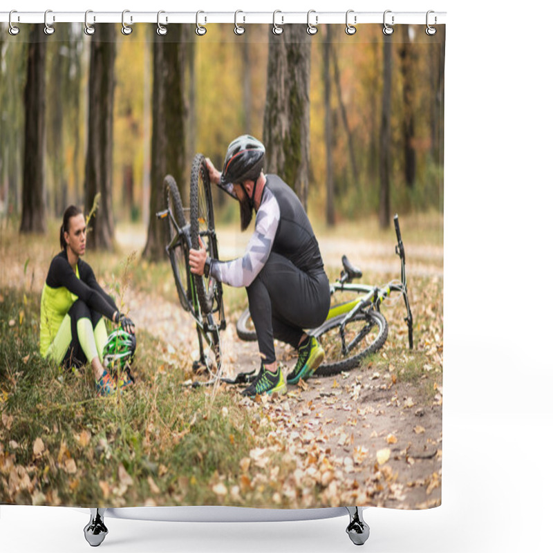 Personality  Man Repairing Bike In Park Shower Curtains