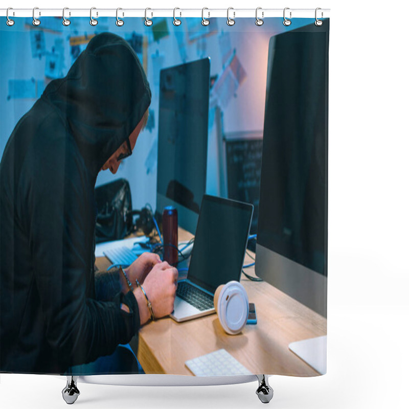 Personality  Handcuffed Hacker In Hoodie In Front Of Laptop At Workplace Shower Curtains