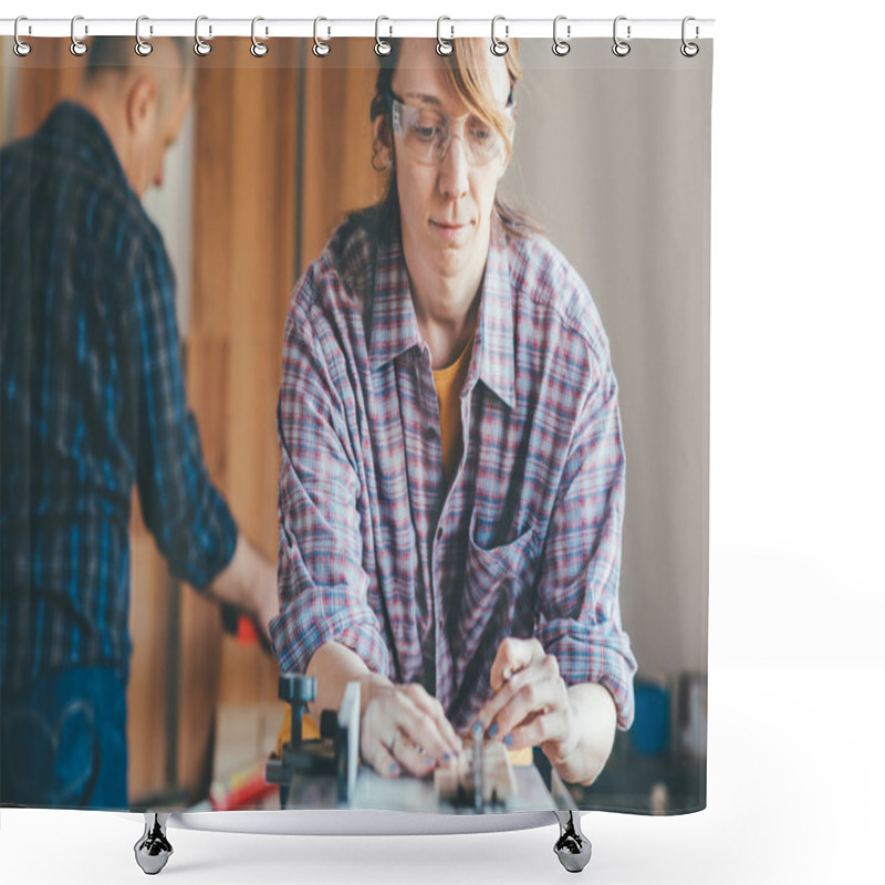 Personality  Woman Working At Carpenter Shop With Teacher Shower Curtains