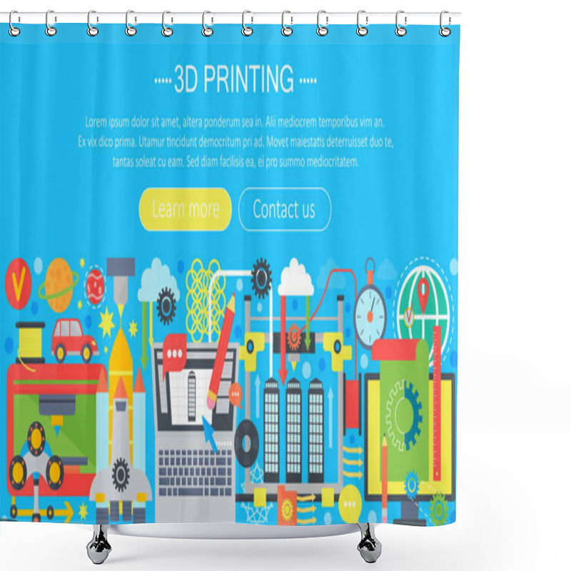 Personality  3d Printer Technology Flat Concept Set. 3d Modeling, Printing And Scanning Web Header. Shower Curtains