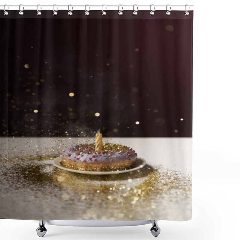 Personality  Candle In Middle Of Doughnut With Golden Shiny Sparkles Isolated On Black Shower Curtains