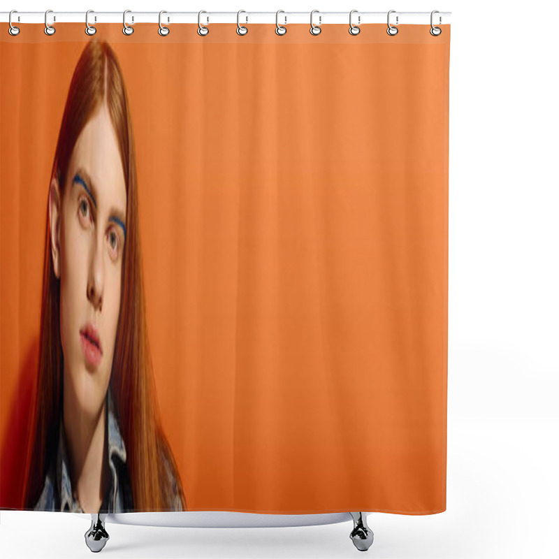 Personality  A Young Man With Long Red Hair Displays A Range Of Emotions In A Vivid Orange Setting. Shower Curtains