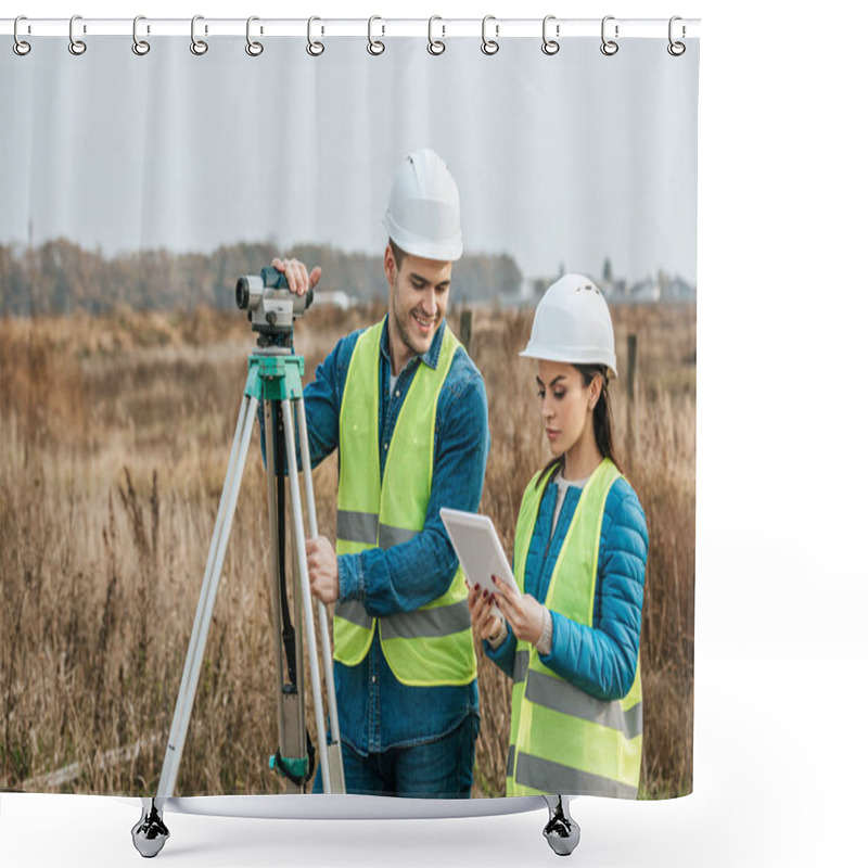 Personality  Surveyors Working With Digital Level And Tablet In Field Shower Curtains