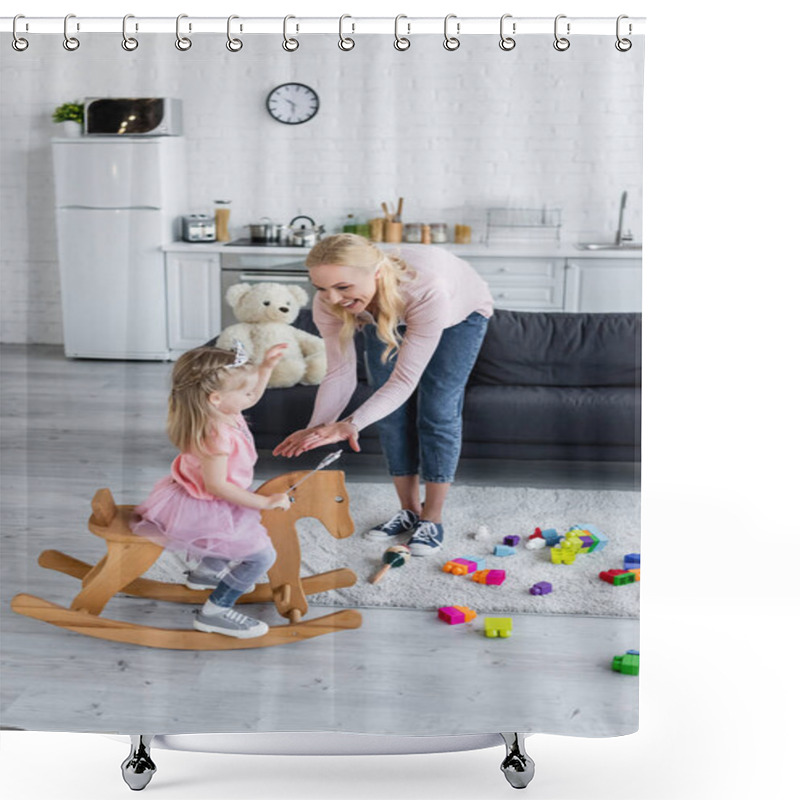 Personality  Happy Woman Giving Hands To Daughter Riding Rocking Horse In Costume Of Princess Shower Curtains