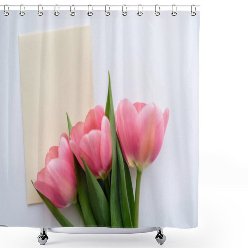 Personality  Top View Of Pink Tulips Near Pastel Yellow Envelope On White Shower Curtains