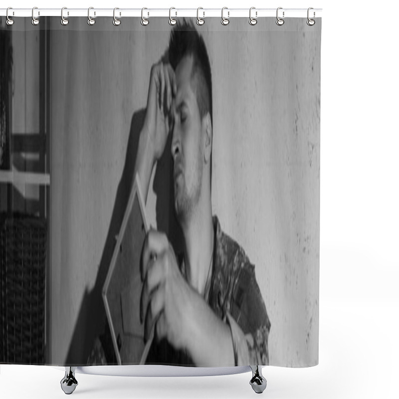 Personality  Black And White Photo Of Soldier In Uniform Holding Photo Frame While Suffering From Emotional Distress At Home, Banner  Shower Curtains