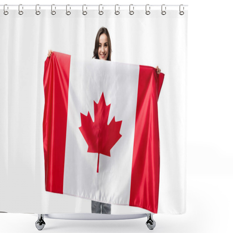 Personality  Smiling Woman Holding Canadian Flag Isolated On White Shower Curtains