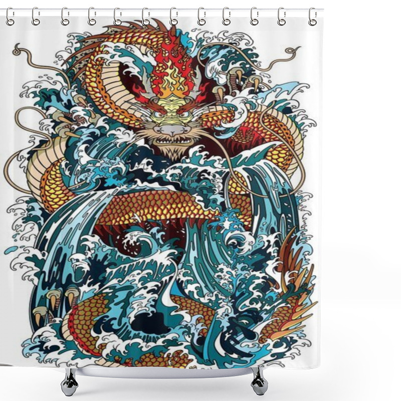 Personality  Japanese Water Dragon A Traditional Mythological Deity Creature In The Sea Or River Splashes. Tattoo Style Vector Illustration Shower Curtains