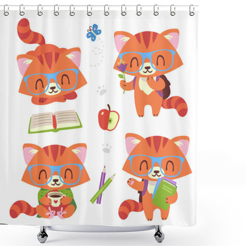 Personality  Vector Cartoon Style Kawaii Nerd Cat Set Shower Curtains