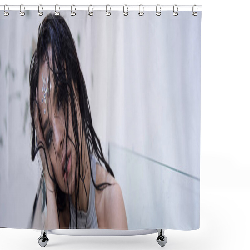 Personality  A Young Woman With Wet Brunette Hair Sits In An Aquarium, Gazing Sadly Into The Distance. Shower Curtains