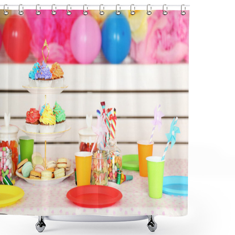 Personality  Prepared Birthday Table With Sweets For Children Party Shower Curtains