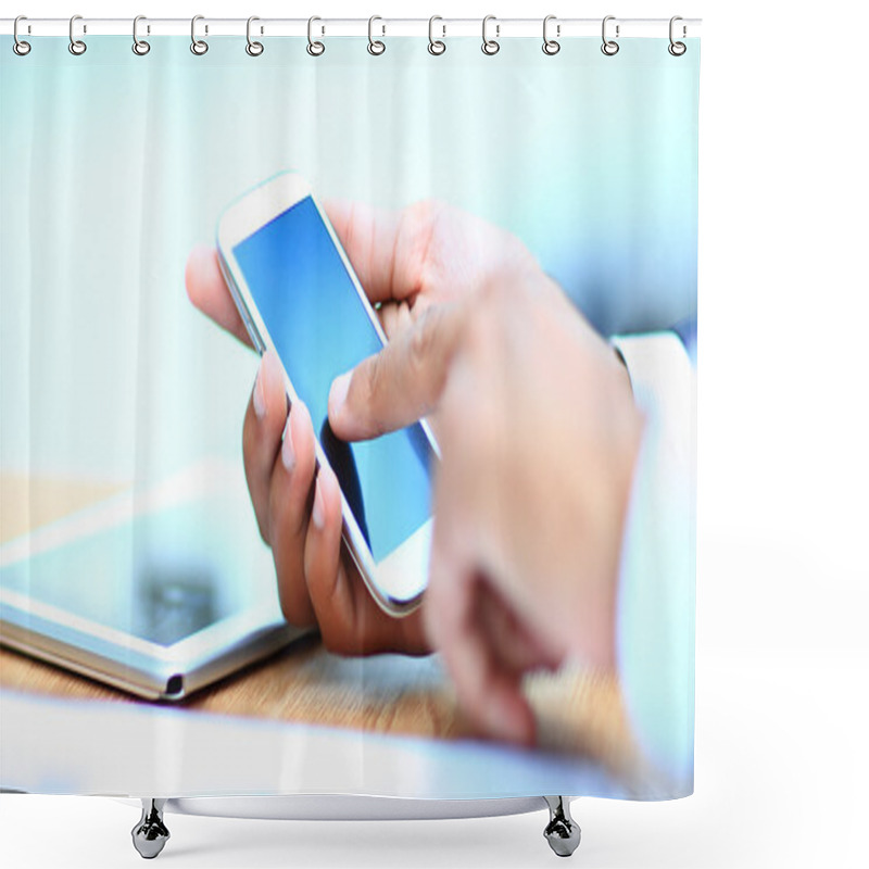 Personality  Close Up Of A Man Using Mobile Smart Phone Shower Curtains