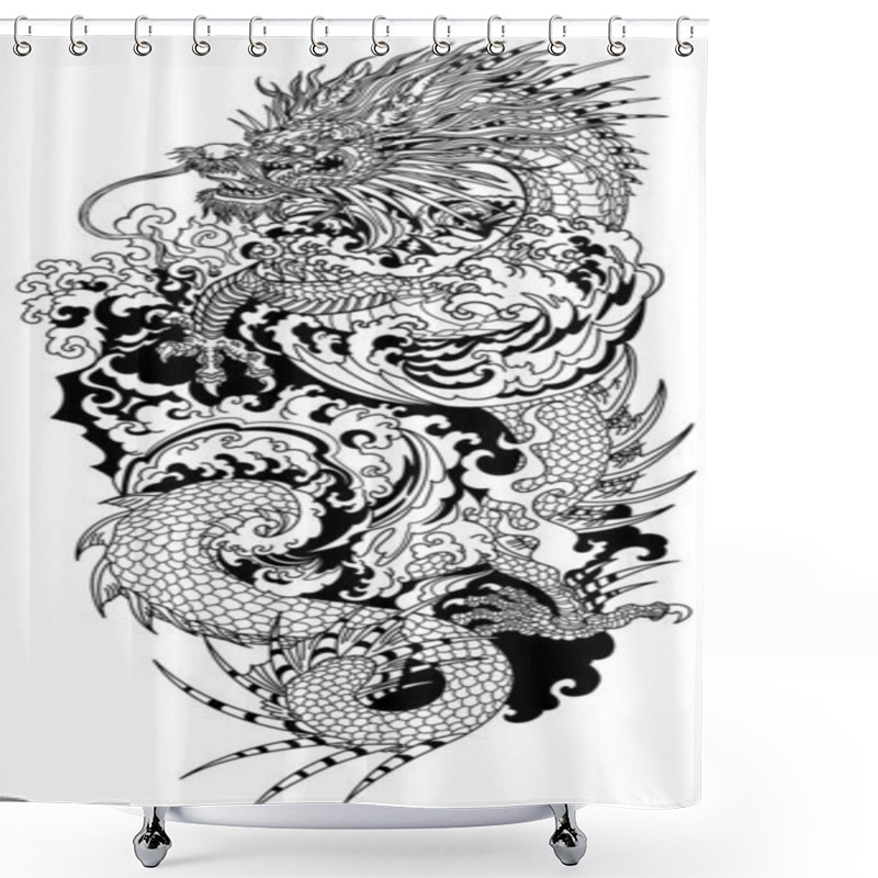 Personality  Chinese Dragon And Water Waves. A Head Facing Towards The Left Side And Baring Its Teeth, A Serpent-like Body, Elegantly Coiled Around A Central Focal Point. Traditional Tattoo Style Vector Illustration. Vertical  Shower Curtains