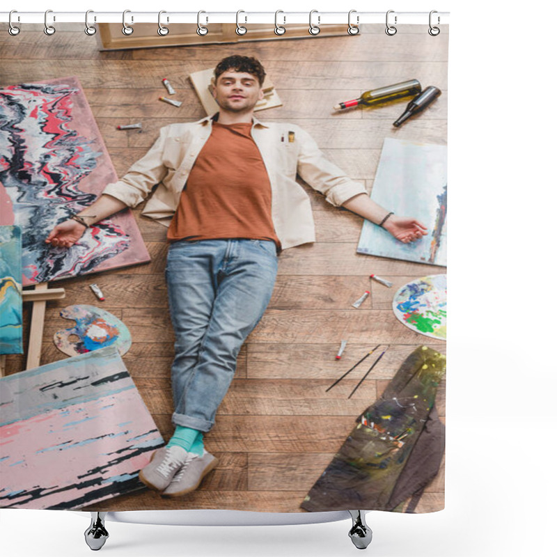 Personality  Tired Artist Lying Of Floor, Surrounded With Paintings And Draw Utensils, And Looking At Camera Shower Curtains