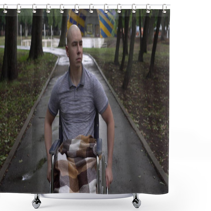 Personality  A Young Man With Oncology Rides A Wheelchair Through The Park. The Man Is Bald Due To Chemotherapy. Shower Curtains