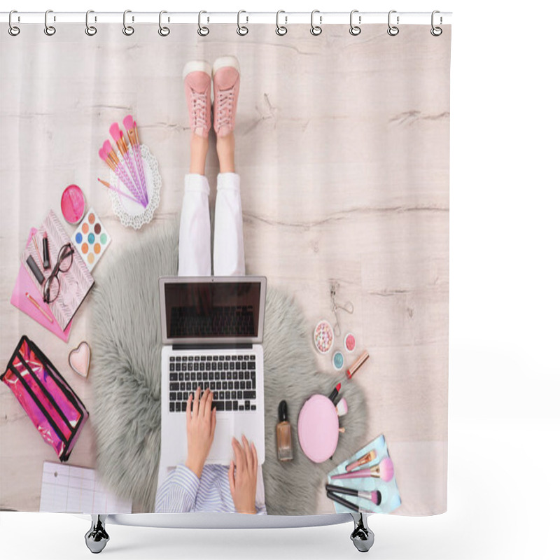 Personality  Beauty Blogger With Laptop And Cosmetics Sitting On Floor, Top View Shower Curtains