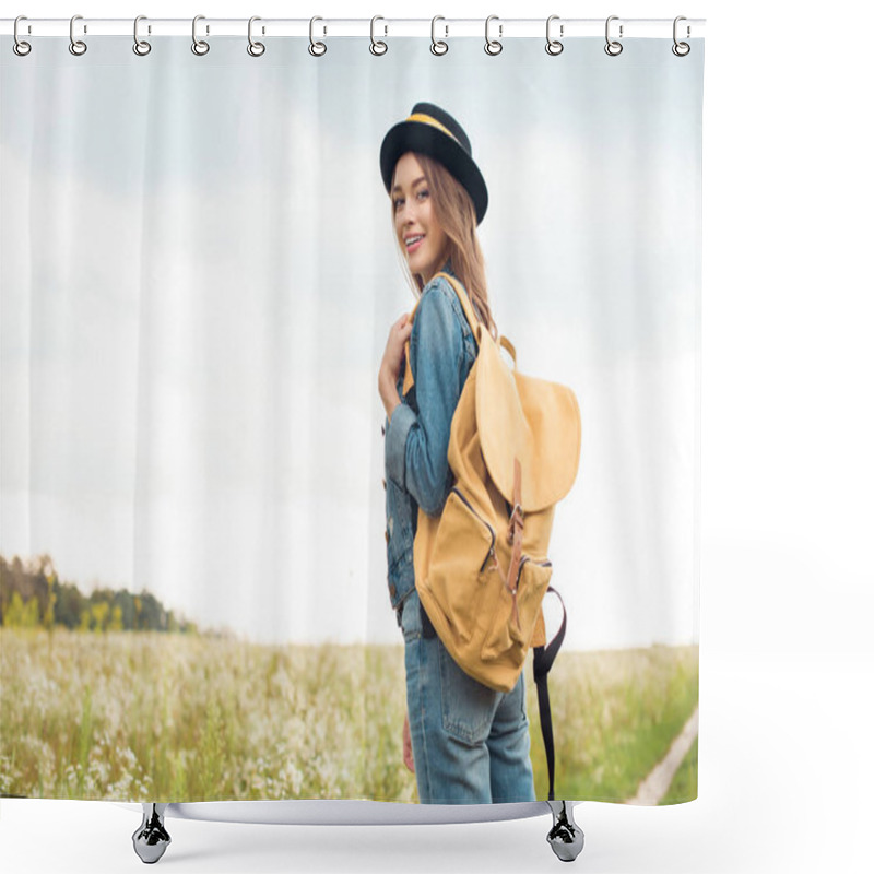 Personality  Portrait Of Young Attractive Woman In Hat With Yellow Backpack Standing In Field Shower Curtains