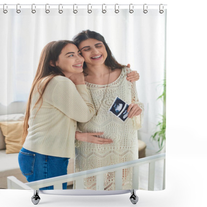 Personality  Cheerful Lesbian Couple Near Crib Hugging Warmly And Smiling With Ultrasound In Hands, Ivf Concept Shower Curtains