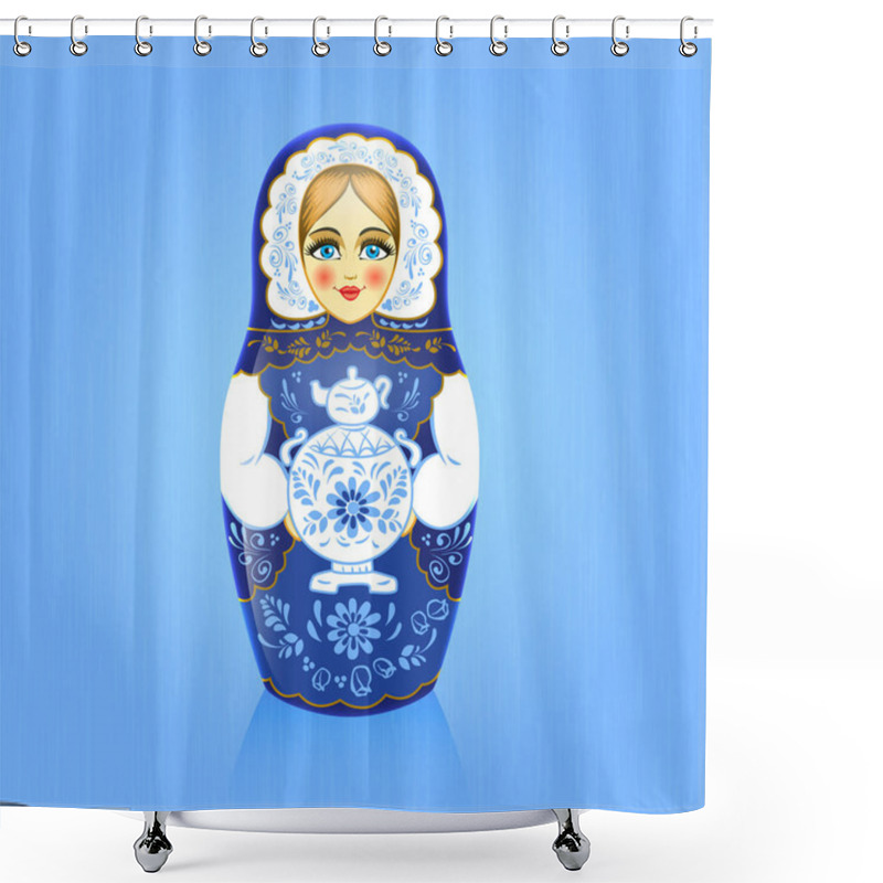 Personality  Gzhel Painting Blue Russian Babushka Or Matrioshka Doll With Samovar On Blue Background. Russian Souvenir. Realistic Vector Illustration Shower Curtains