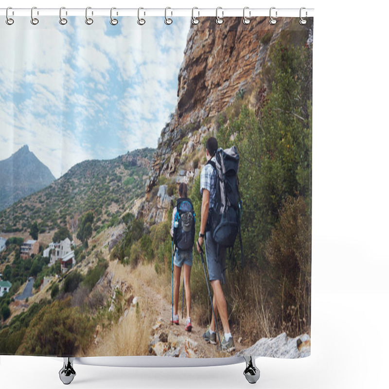 Personality  Couple Walking Along Trail Shower Curtains