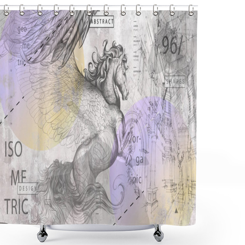 Personality  Beautiful Graphic Drawn Pegasus With Wings On A Concrete Grunge Wall. Design For Wallpaper, Photo Wallpaper, Mural, Card, Postcard. Illustration In The Loft, Classic, Modern Style. Shower Curtains