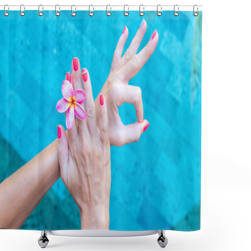 Personality  Plumeria Frangipani Flower In Woman Hand On A Swimming Poolbackground Shower Curtains