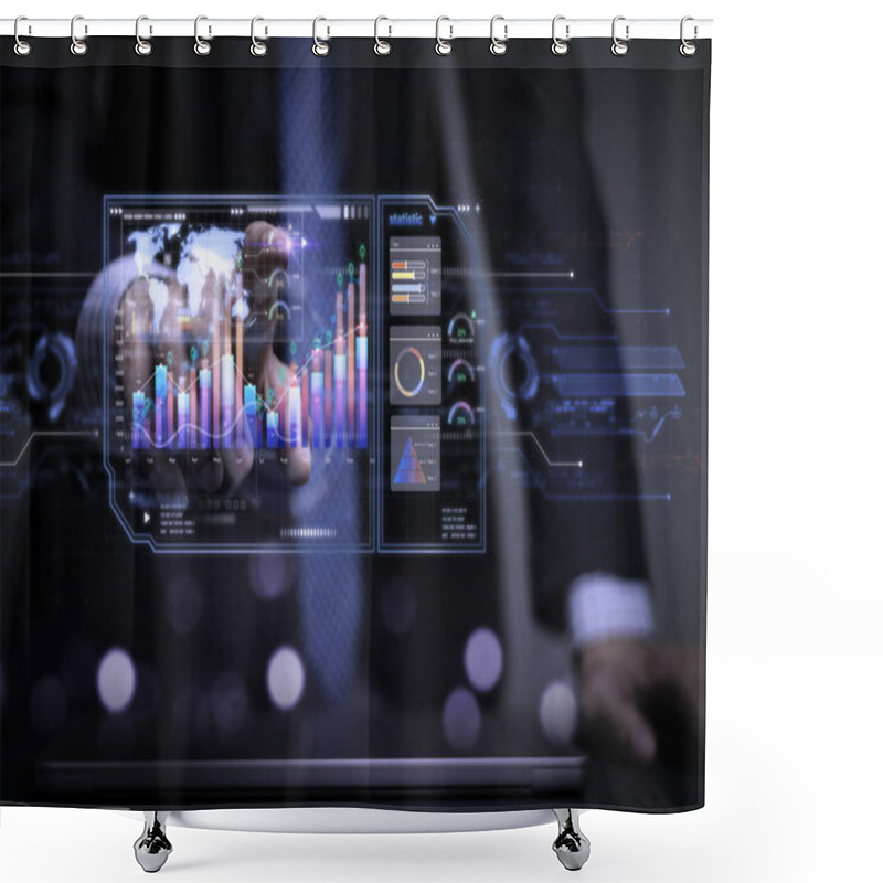 Personality  Businessman Working With Business Analytics And Data Anagement System On Computer, Online Total Processing And Metrics Connected To Database. Corporate Strategy For Finance, Operations, Sales Hologram Shower Curtains