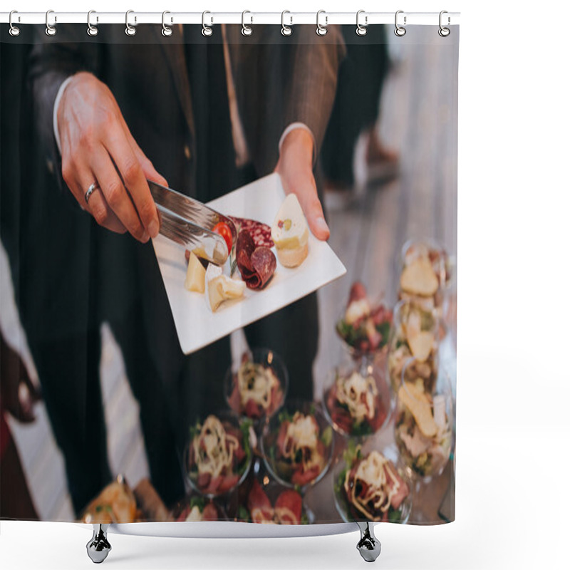 Personality  Guest at party with snack at plate shower curtains