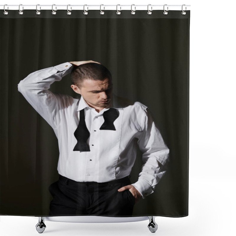 Personality  A Man In A White Shirt And Black Bowtie Stands Against A Dark Background, Lost In Thought. Shower Curtains