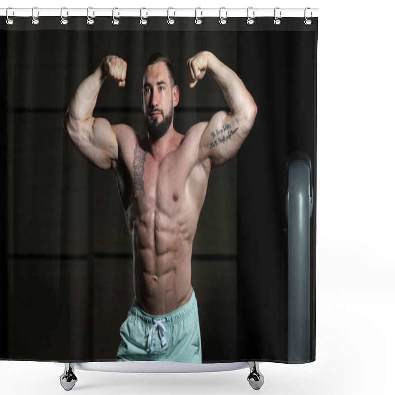 Personality  Bodybuilder Performing Rear Double Biceps Pose Shower Curtains