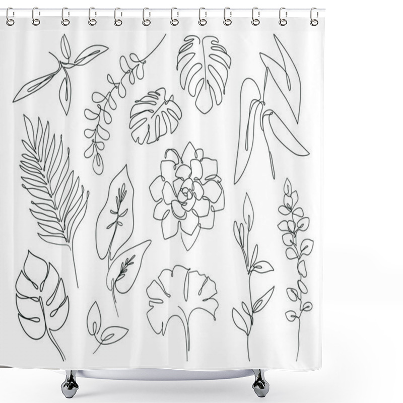 Personality  Vector One Line Leaves Set: Tropical Palm, Eucalyptus, Monstera, Succulent, House Plants. Abstract Botanical Set In Continuous Line Style. Shower Curtains