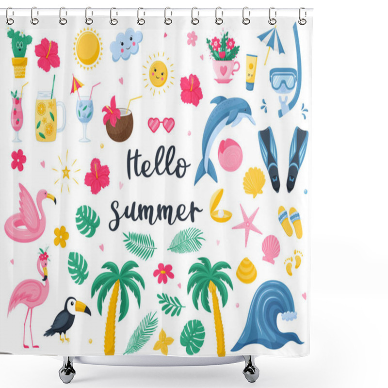 Personality  A Set Of Bright Summer Decorative Elements. Cocktails, Botanical Elements, Marine Animals, Flamingo Shells. Cute Vector Illustrations In Flat Cartoon Style Isolated On White Background Shower Curtains