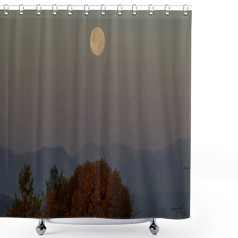 Personality  A Full Moon Rises Above A Serene Mountain Landscape At Dusk. Shower Curtains