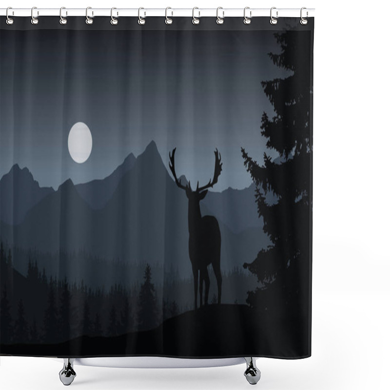 Personality  Deer In Night Landscape With Forest And Mountains Under Dark Sky Shower Curtains