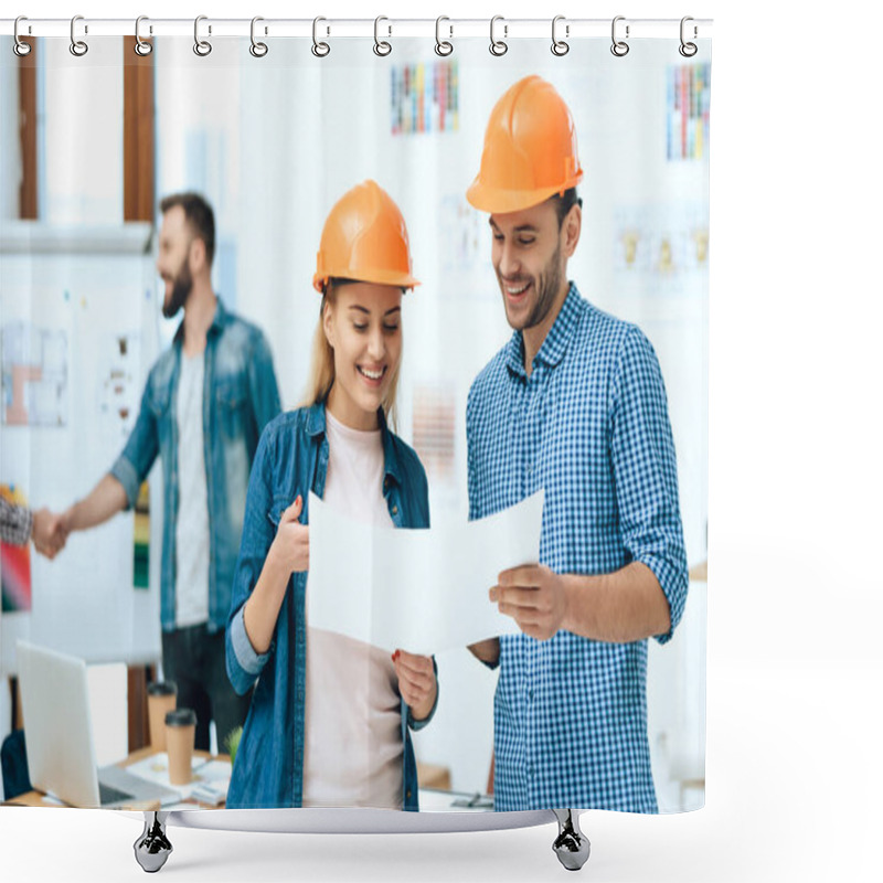 Personality  A Guy And A Girl Are Looking At A Sheet Of Paper. Shower Curtains