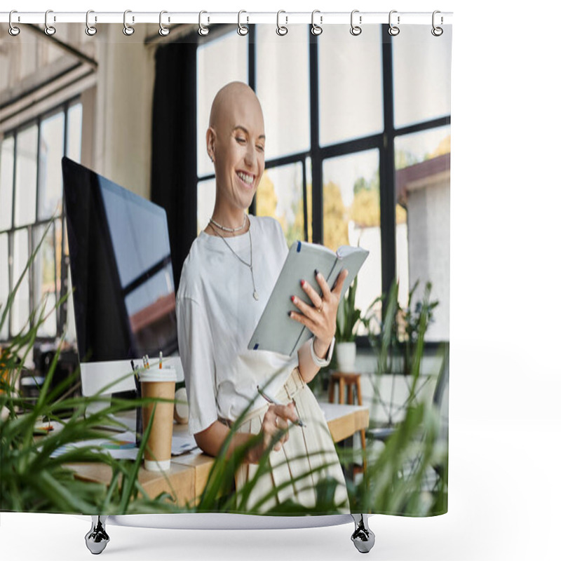 Personality  A Bald Woman In Elegant Attire Smiles While Using A Tablet In A Bright Indoor Setting. Shower Curtains