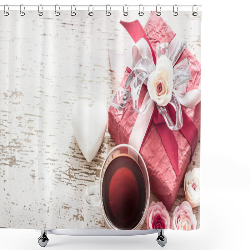 Personality  The Concept Of Valentine's Day And Mother's Day, A Red Gift Box With A Bow With Roses And A Cup Of Tea On A Light Wooden Background Shower Curtains