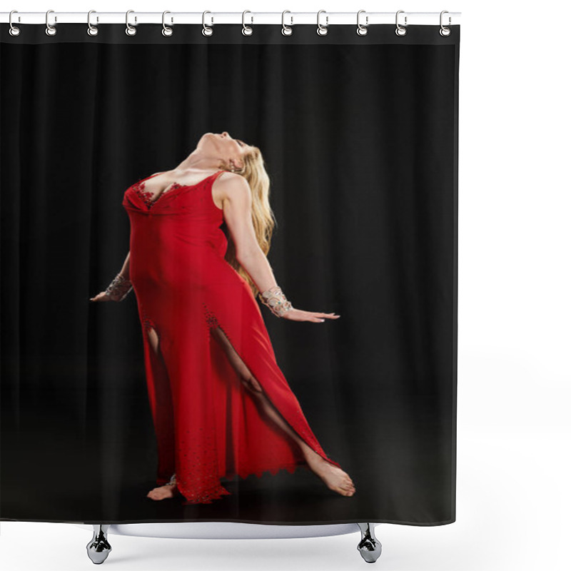 Personality  A Young Woman In A Striking Red Dress Strikes A Graceful Pose. Shower Curtains