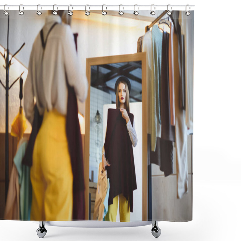 Personality  Girl In Hat Choosing Clothes  Shower Curtains