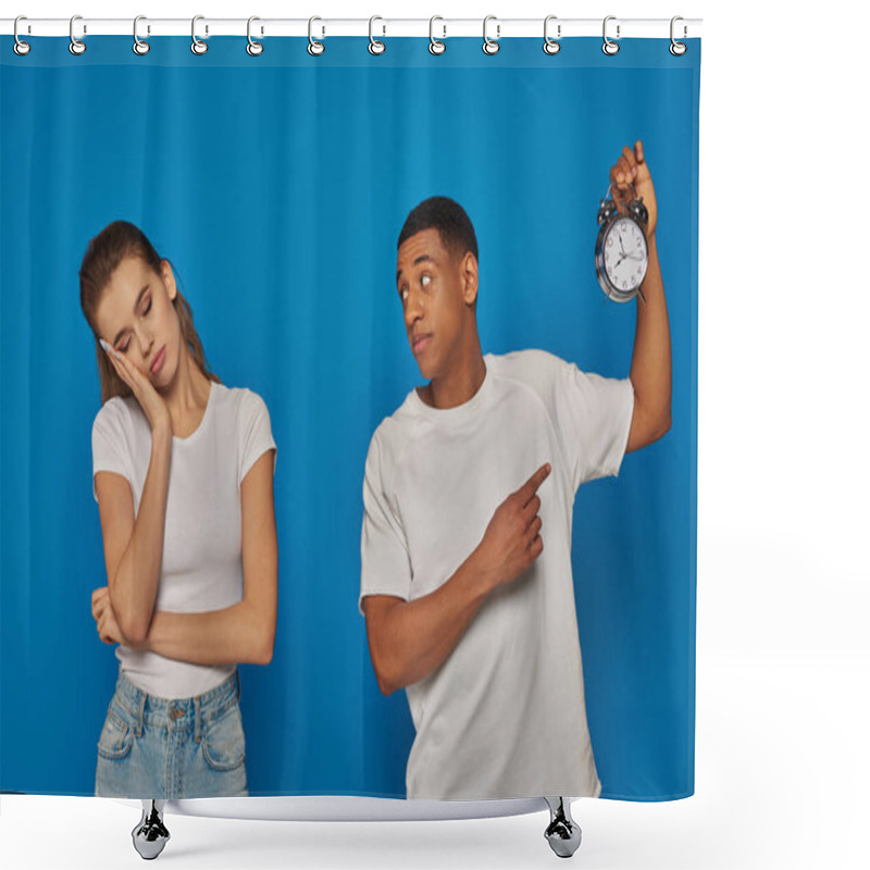 Personality  Morning Time, Awaken African American Man Pointing At Alarm Clock Near Sleepy Woman On Blue Backdrop Shower Curtains