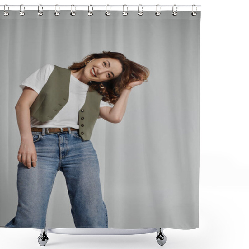 Personality  A Stylish Asian Woman Wearing A Green Vest, White T-shirt, And Jeans Poses Against A Grey Background. Shower Curtains