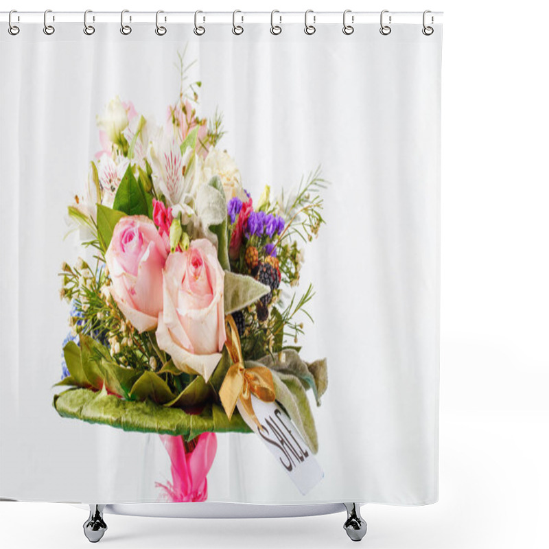 Personality  Image Of Romantic Bouquet Of Pink Roses, Lilies, Green Leaves On Blank White Background Shower Curtains