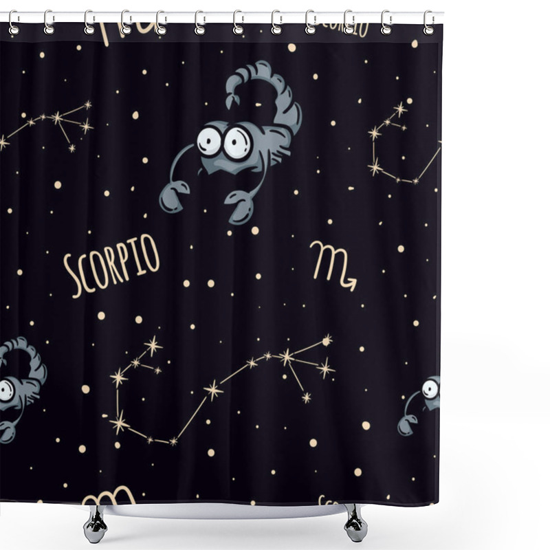 Personality  Vector Seamless Pattern With The Zodiac Sign Scorpio. Astrological Theme. Background With Starry Sky And Constellation For Wrapping Paper, Gift, Decoration. Vector Illustration Shower Curtains