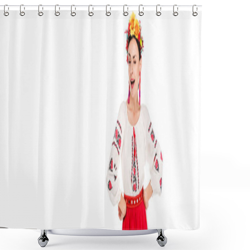 Personality  Brunette Young Woman In National Ukrainian Costume With Hands On Hips Winking Isolated On White, Panoramic Shot Shower Curtains