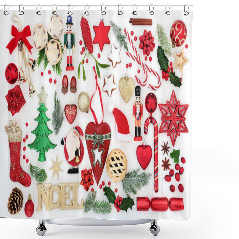 Personality  Christmas Background With Noel Sign, Retro And New Bauble Decorations, Candy Canes, Mince Pies, Winter Flora,  Ribbons And Bows On Rustic White Wood. Top View. Shower Curtains