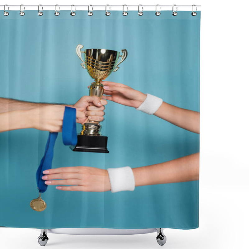 Personality  Cropped View Of Man Giving Golden Trophy And Medal To Female Champion On Blue Shower Curtains