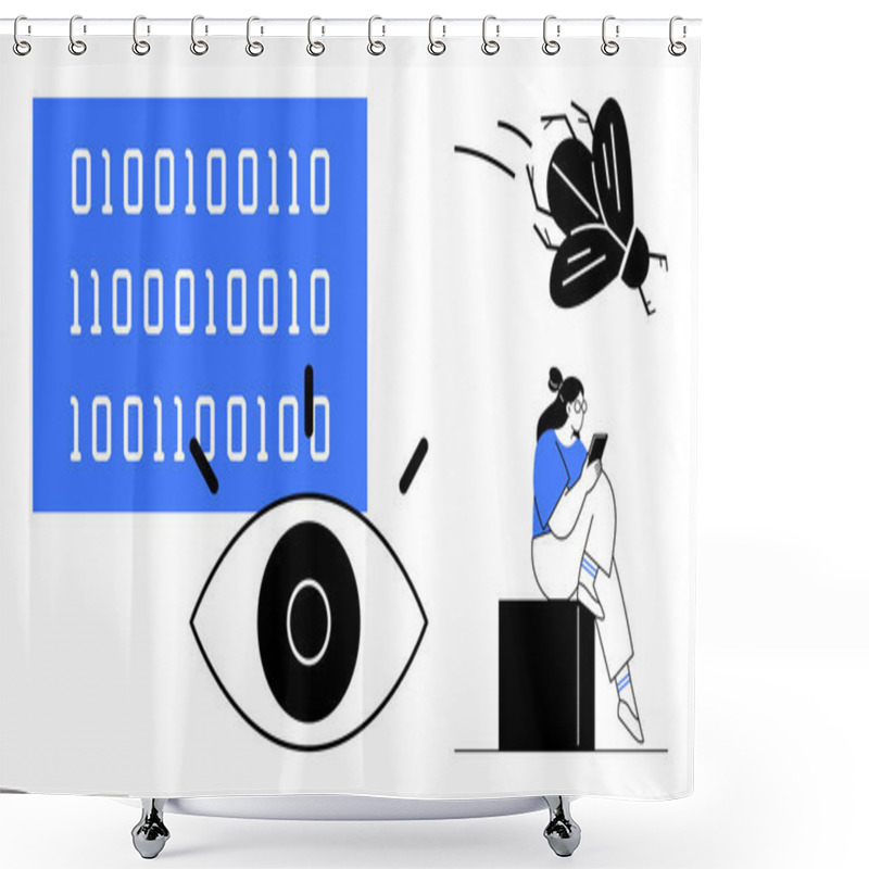 Personality  Binary Code With Magnifying Glass, Eye, Bug, And Woman Using Tablet. Ideal For Tech Diagnostics, Software Development, Coding, Cybersecurity, Data Analysis Problem-solving And Tech Communication Shower Curtains