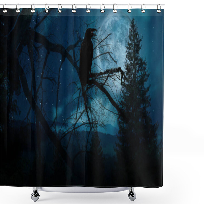 Personality  Creepy Black Crow Croaking In Scary Dark Forest On Full Moon Night Shower Curtains